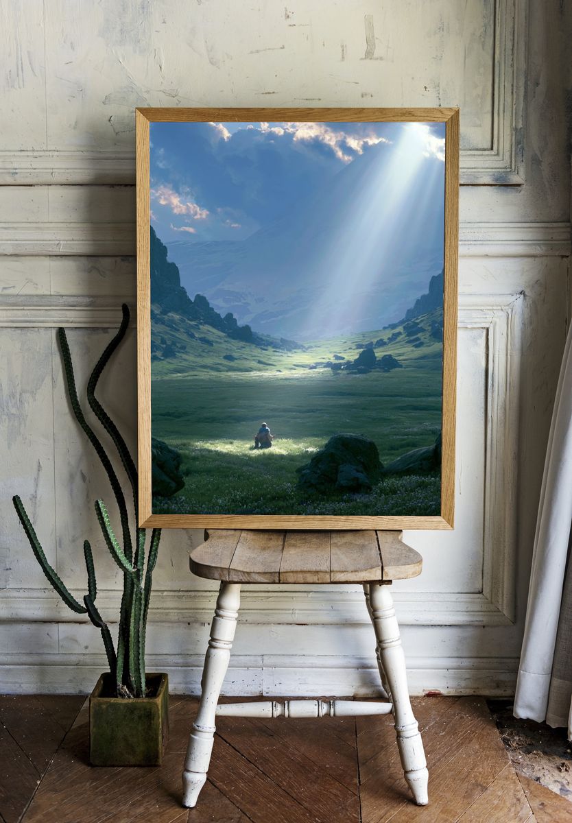 Sunlit Mountain Valley Print. room preview
