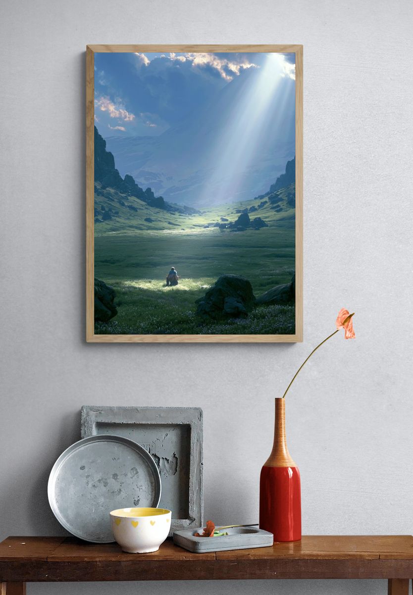 Sunlit Mountain Valley Print. — room view 3
