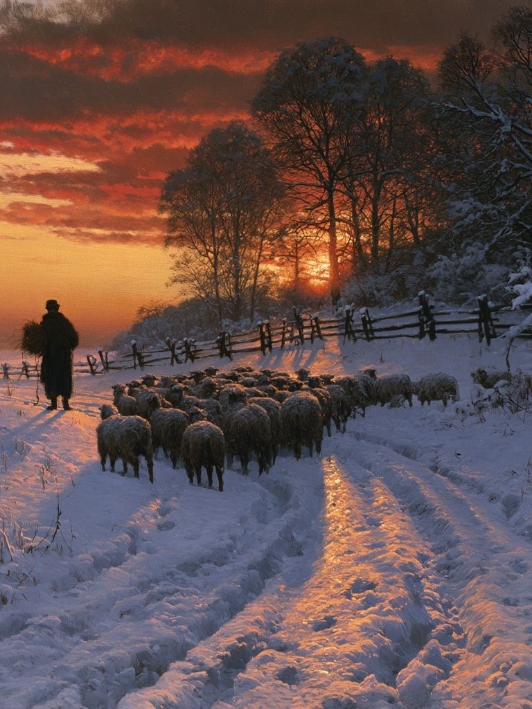 Winter Sheep Drive Landscape Print. poster detail