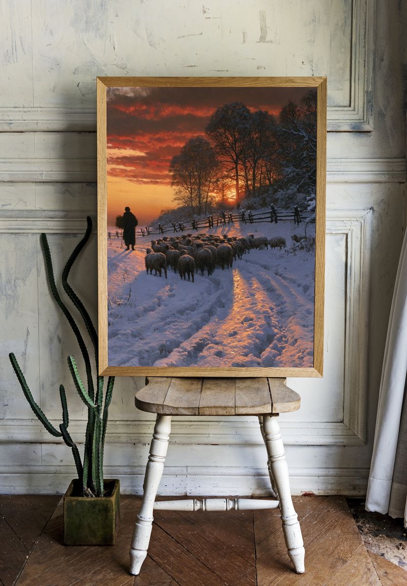 Winter Sheep Drive Landscape Print. — room view 1