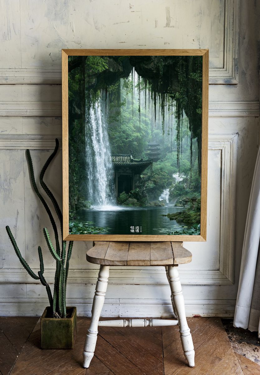 Hidden Waterfall Temple Nature Print. room preview