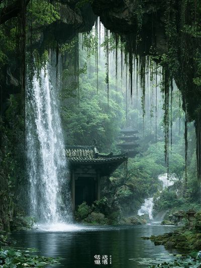 Hidden Waterfall Temple Nature Print.