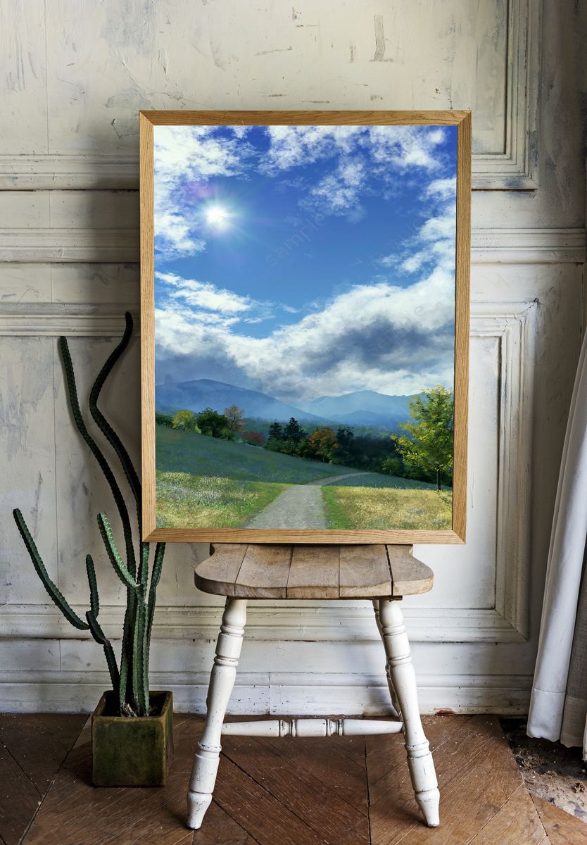 Sunlit Mountain Meadow Print. room preview
