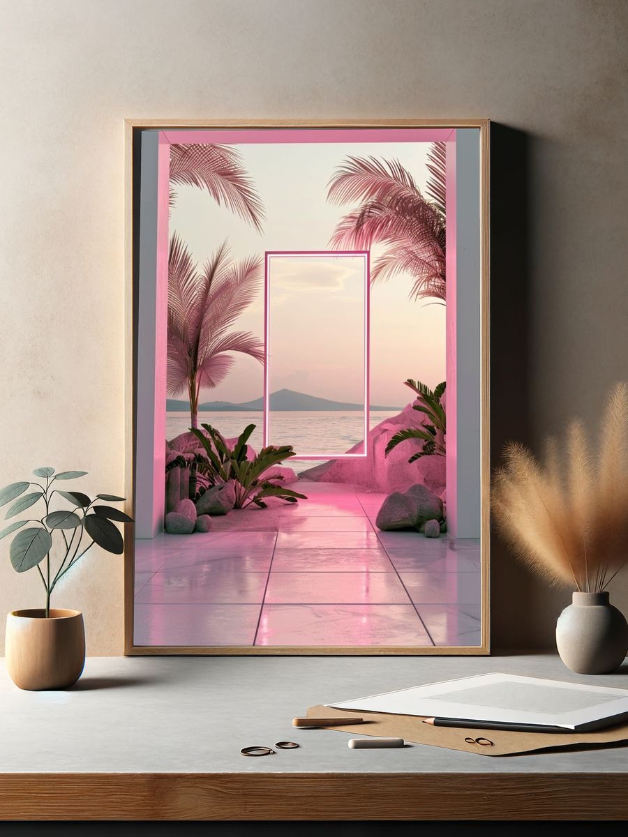 Pink Tropical Sunset Print. — room view 2