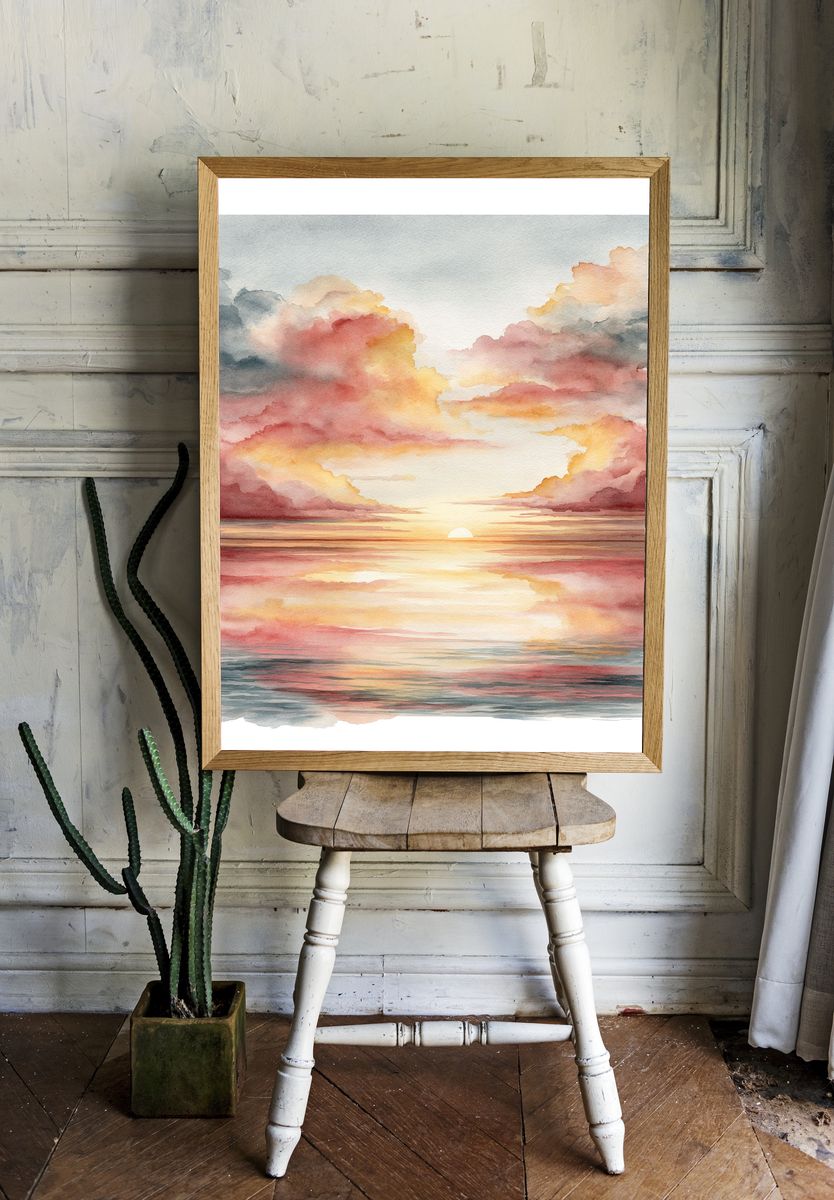 Sunset Clouds Watercolor Print. room preview