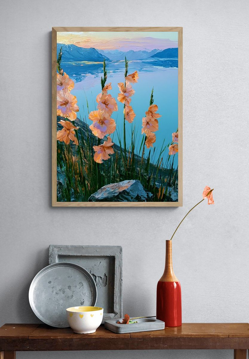 Alpine Wildflowers Lake View Poster. — room view 3