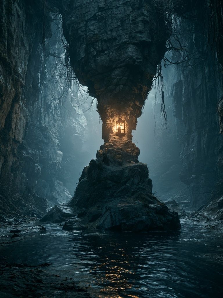 Misty Cave Lantern Landscape Poster. poster — nature art