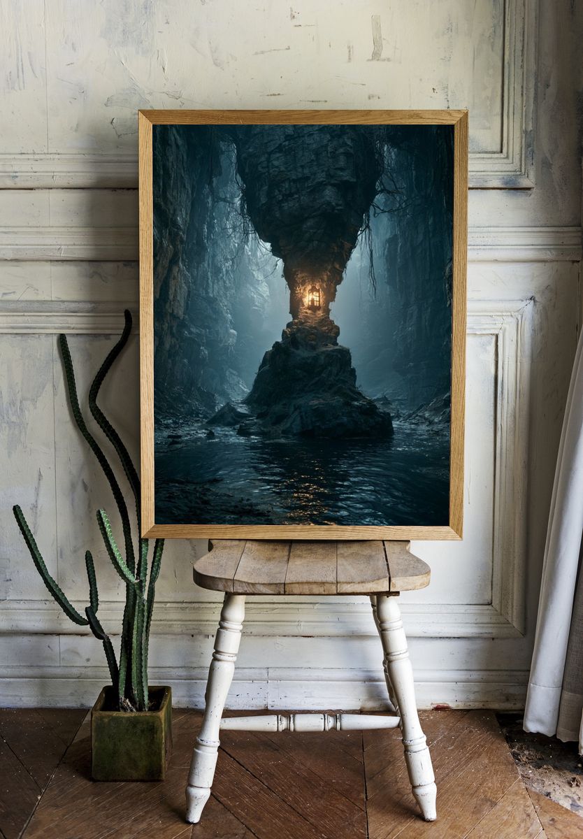 Misty Cave Lantern Landscape Poster. room preview