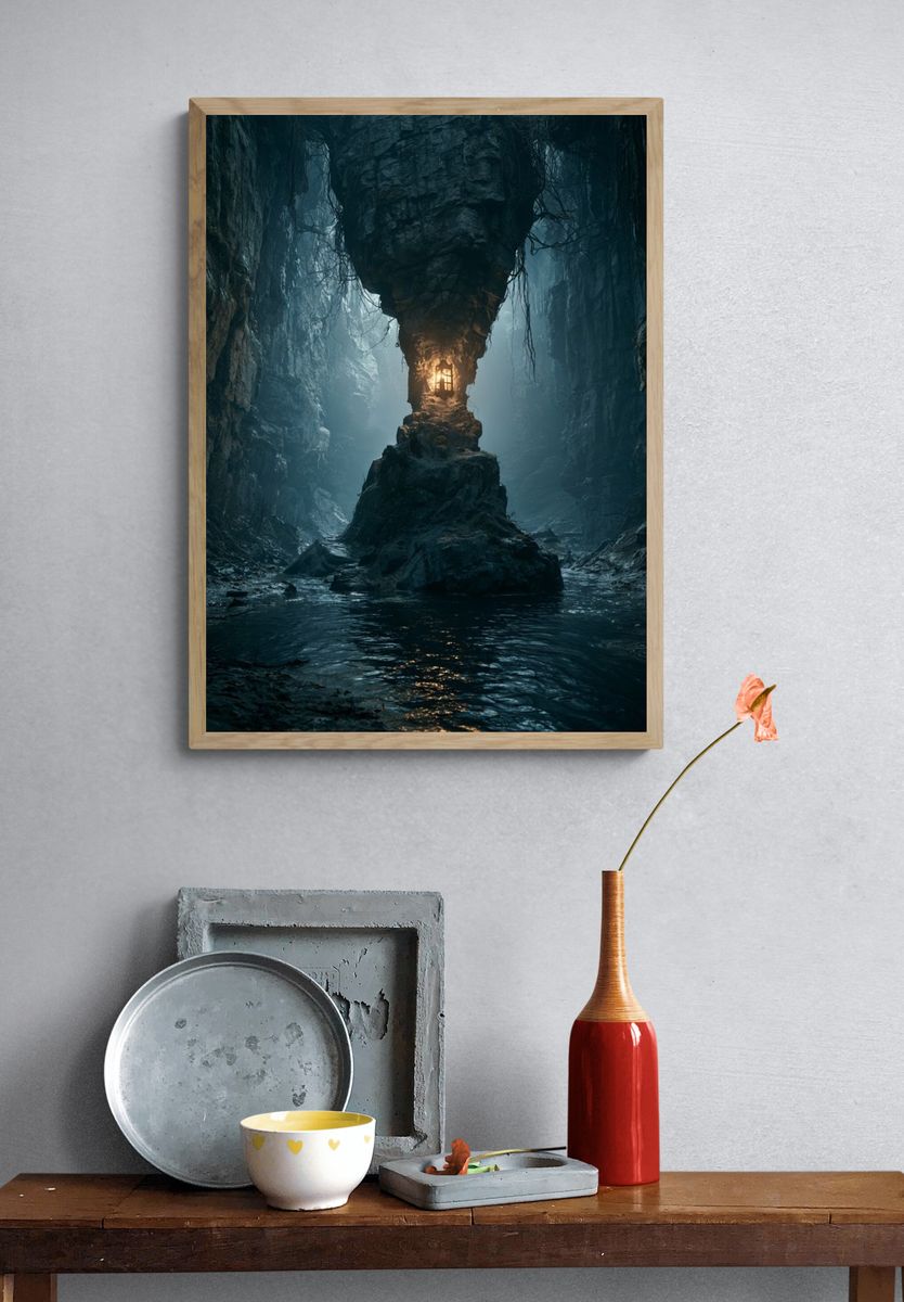 Misty Cave Lantern Landscape Poster. — room view 3