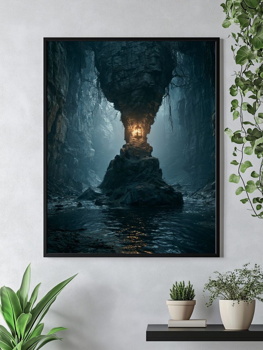 Misty Cave Lantern Landscape Poster. — room view 4