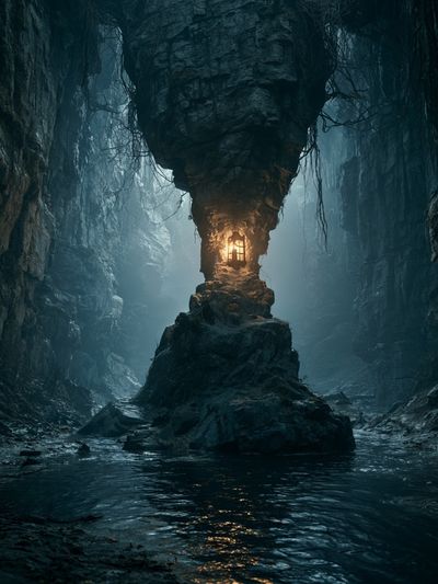 Misty Cave Lantern Landscape Poster.