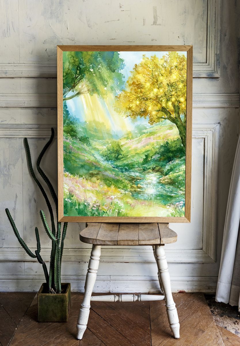 Sunlit Meadow Watercolor Poster. room preview