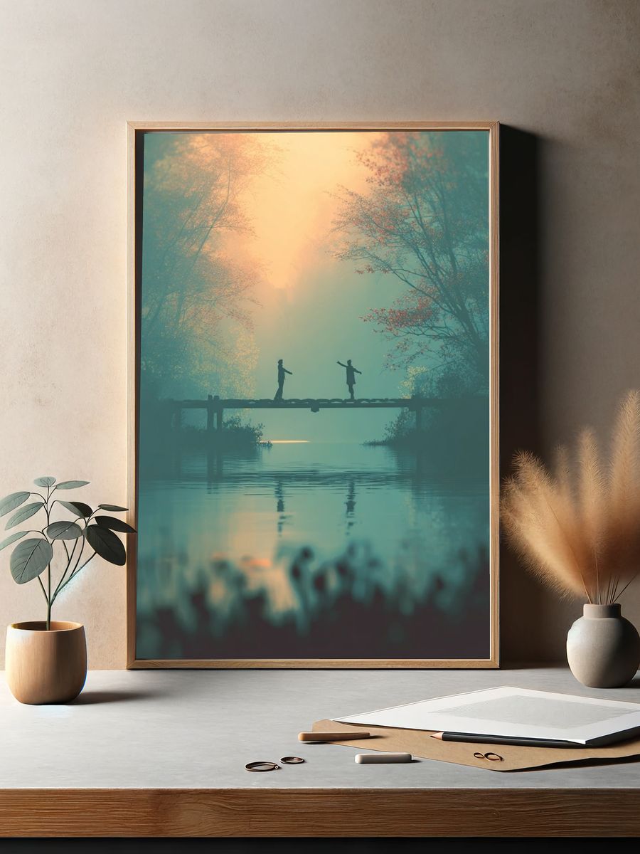 Misty Bridge at Dawn Print. — room view 2