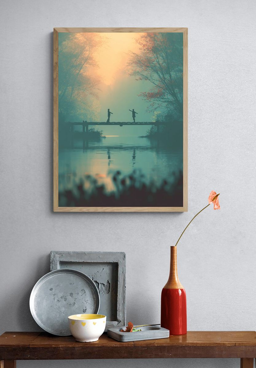 Misty Bridge at Dawn Print. — room view 3