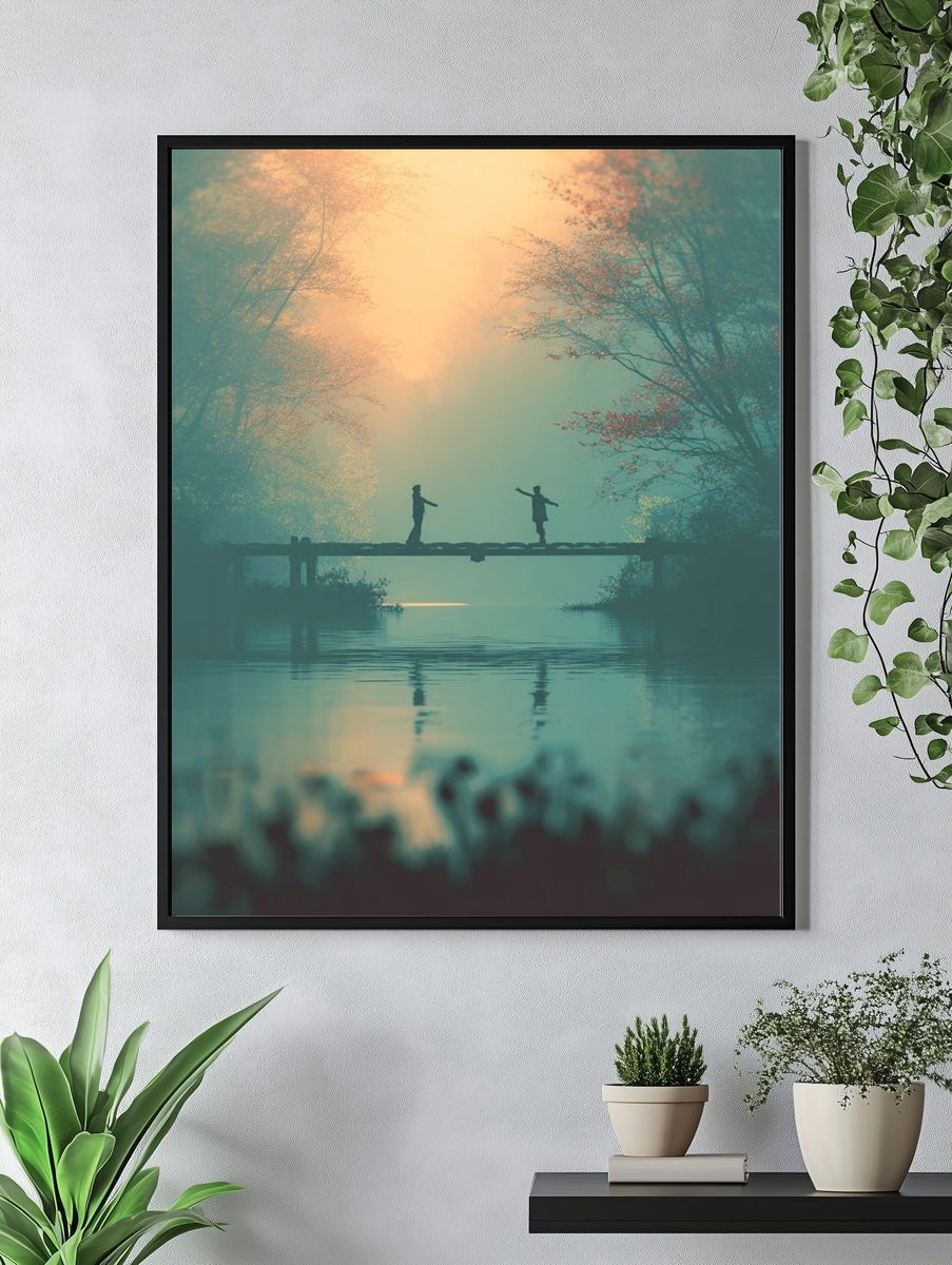 Misty Bridge at Dawn Print. — room view 4