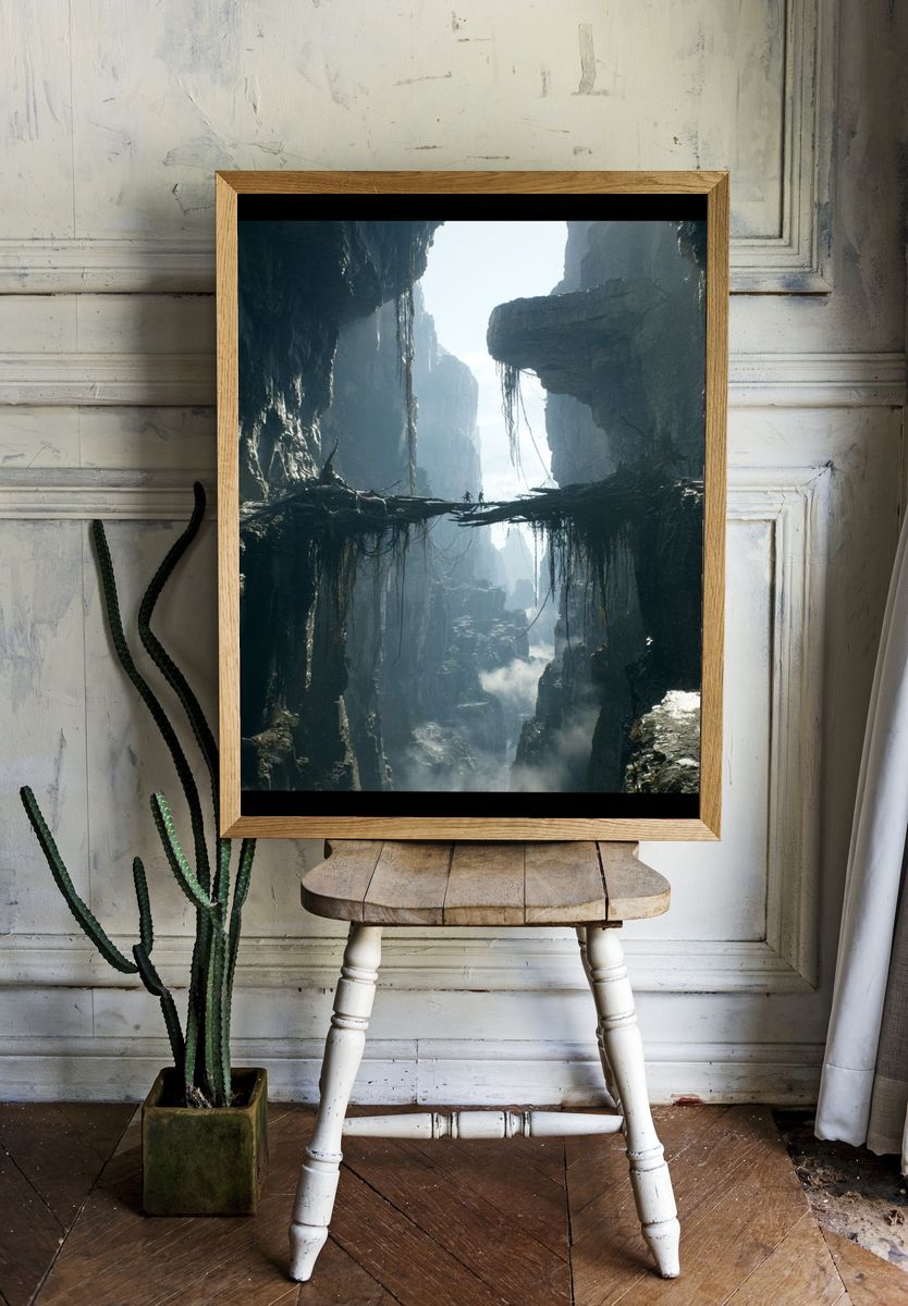 Misty Canyon Bridge Landscape Print. room preview