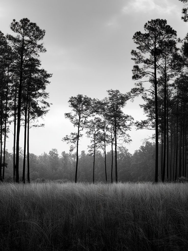 Misty Pine Forest Black-White Poster. poster — nature art
