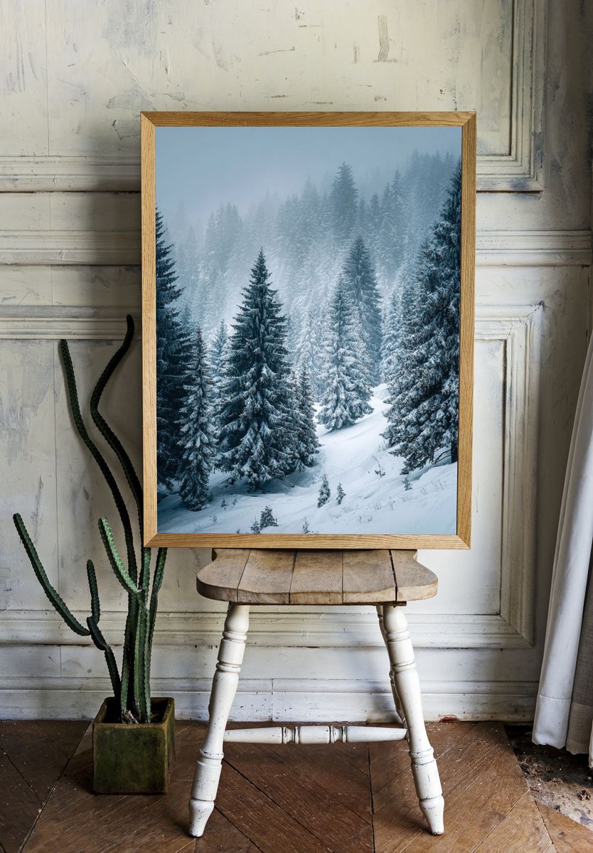 Snowy Pine Forest Landscape Poster. — room view 1