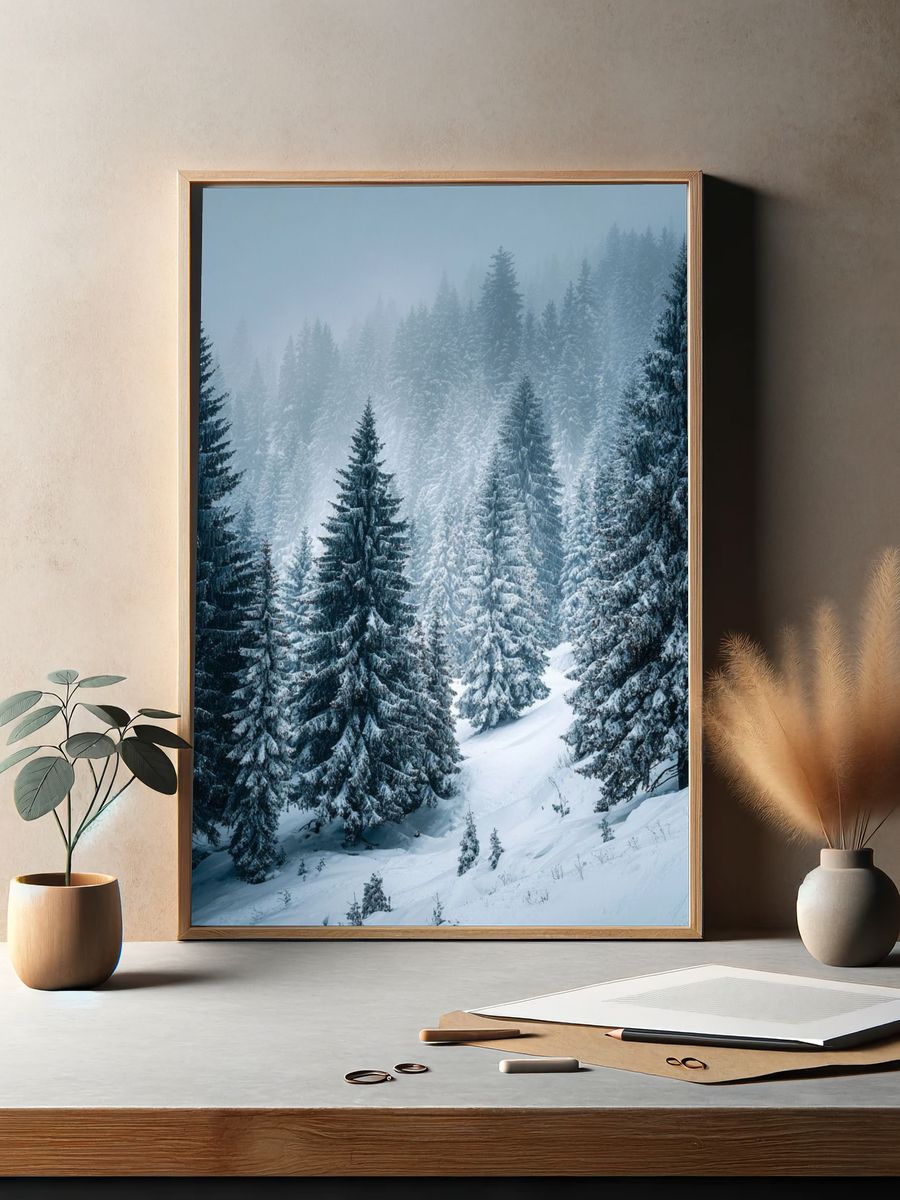 Snowy Pine Forest Landscape Poster. — room view 2