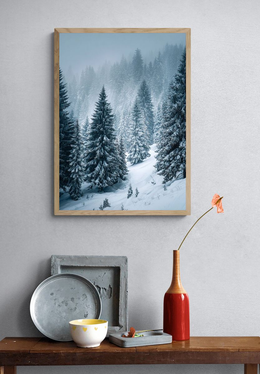Snowy Pine Forest Landscape Poster. — room view 3