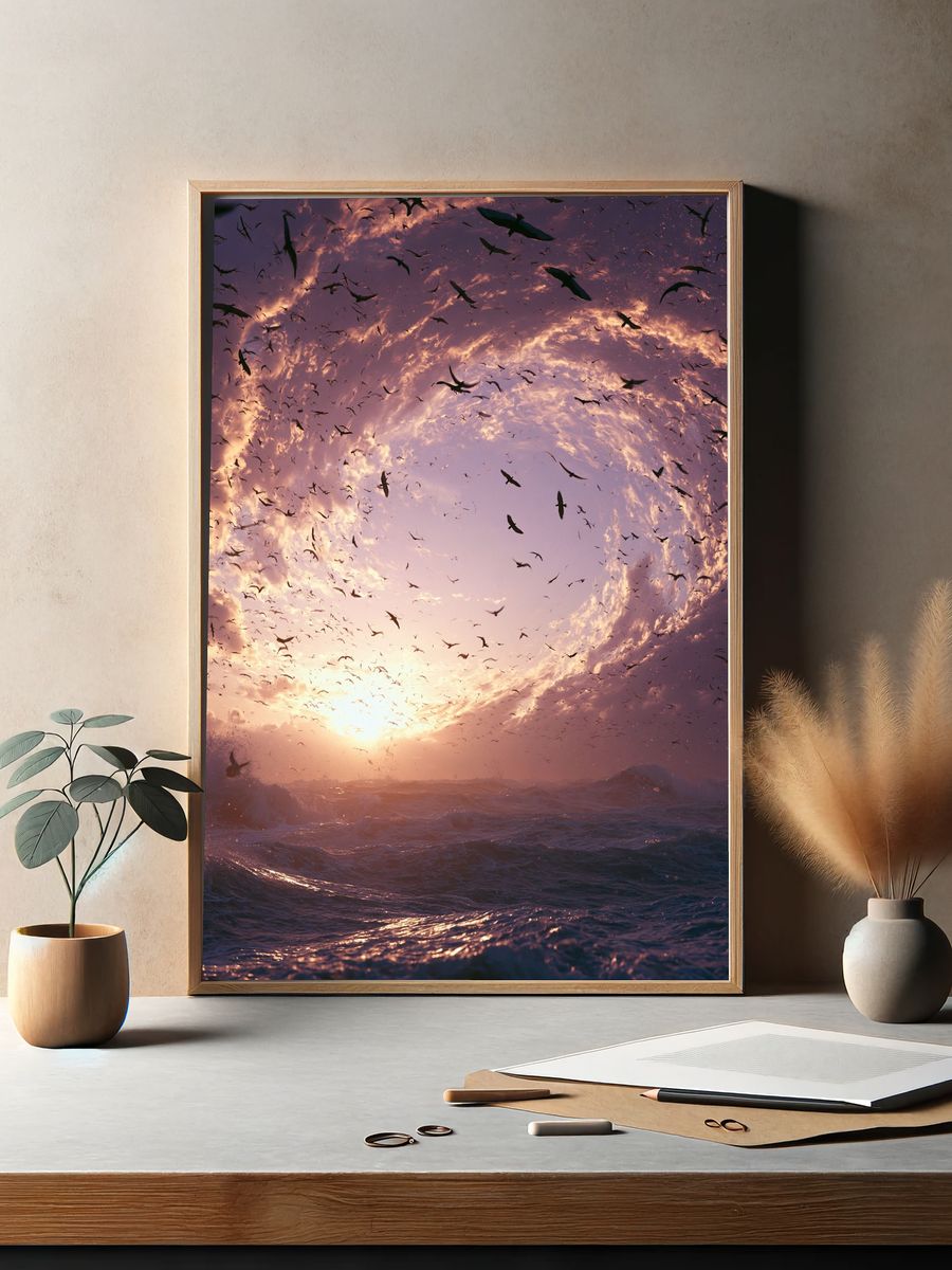 Sunset Seabirds Ocean Print. — room view 2