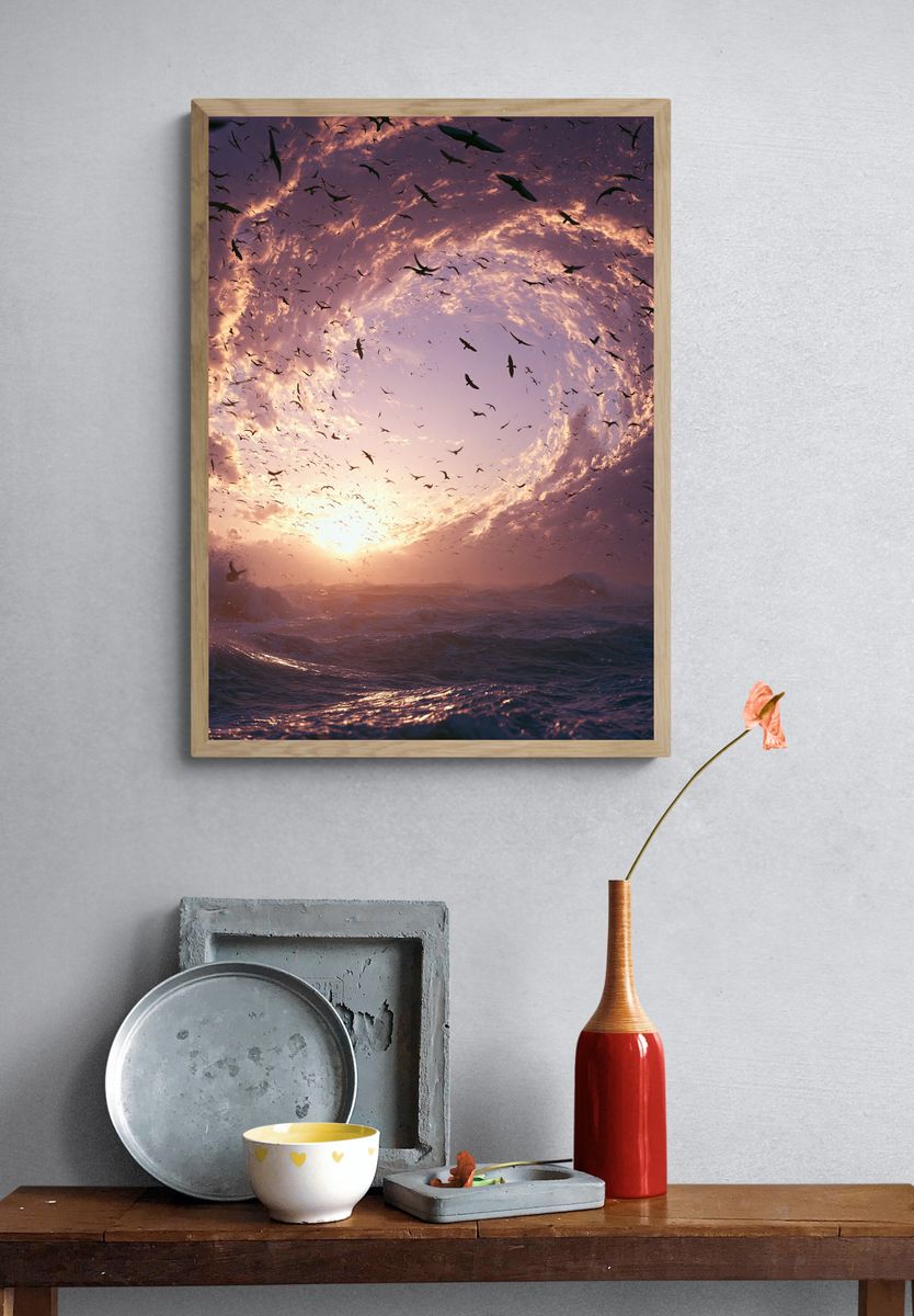 Sunset Seabirds Ocean Print. — room view 3