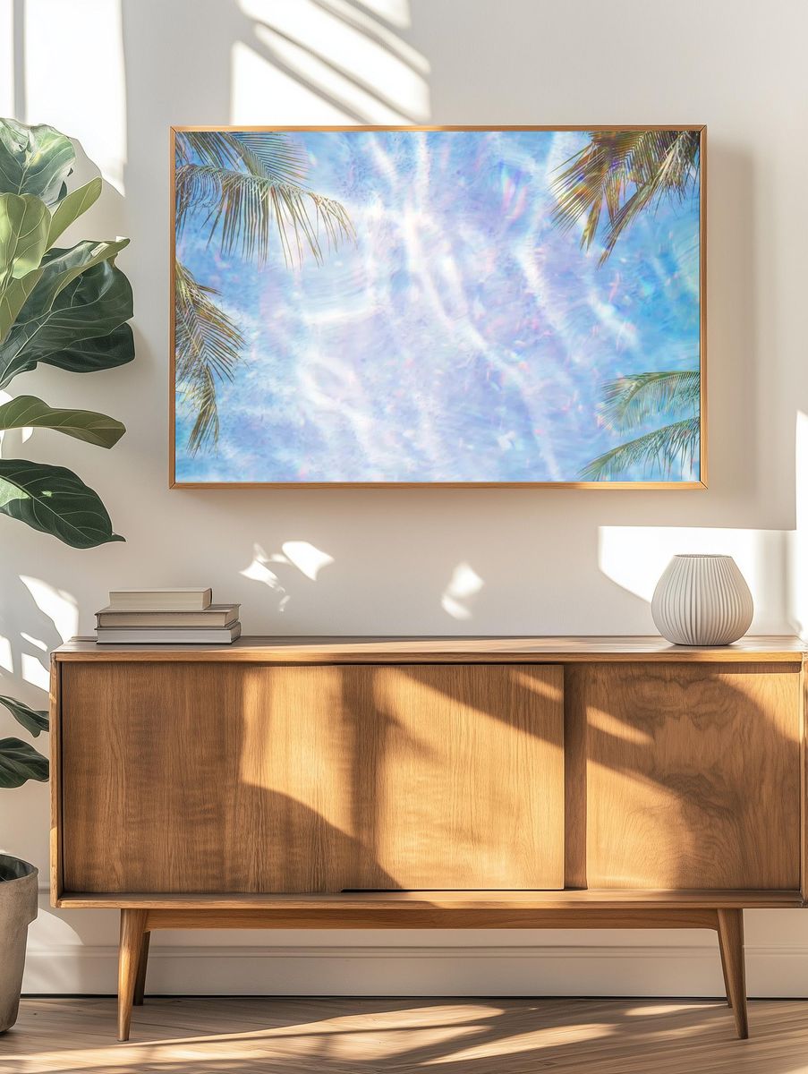 Shiny holographic tropical background design. — room view 3