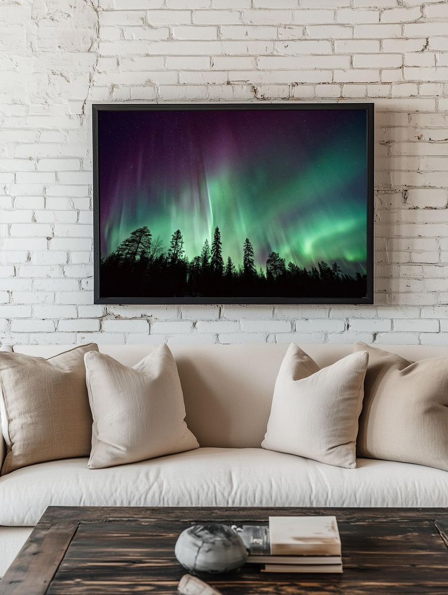 Aurora borealis night sky silhouettes. room preview