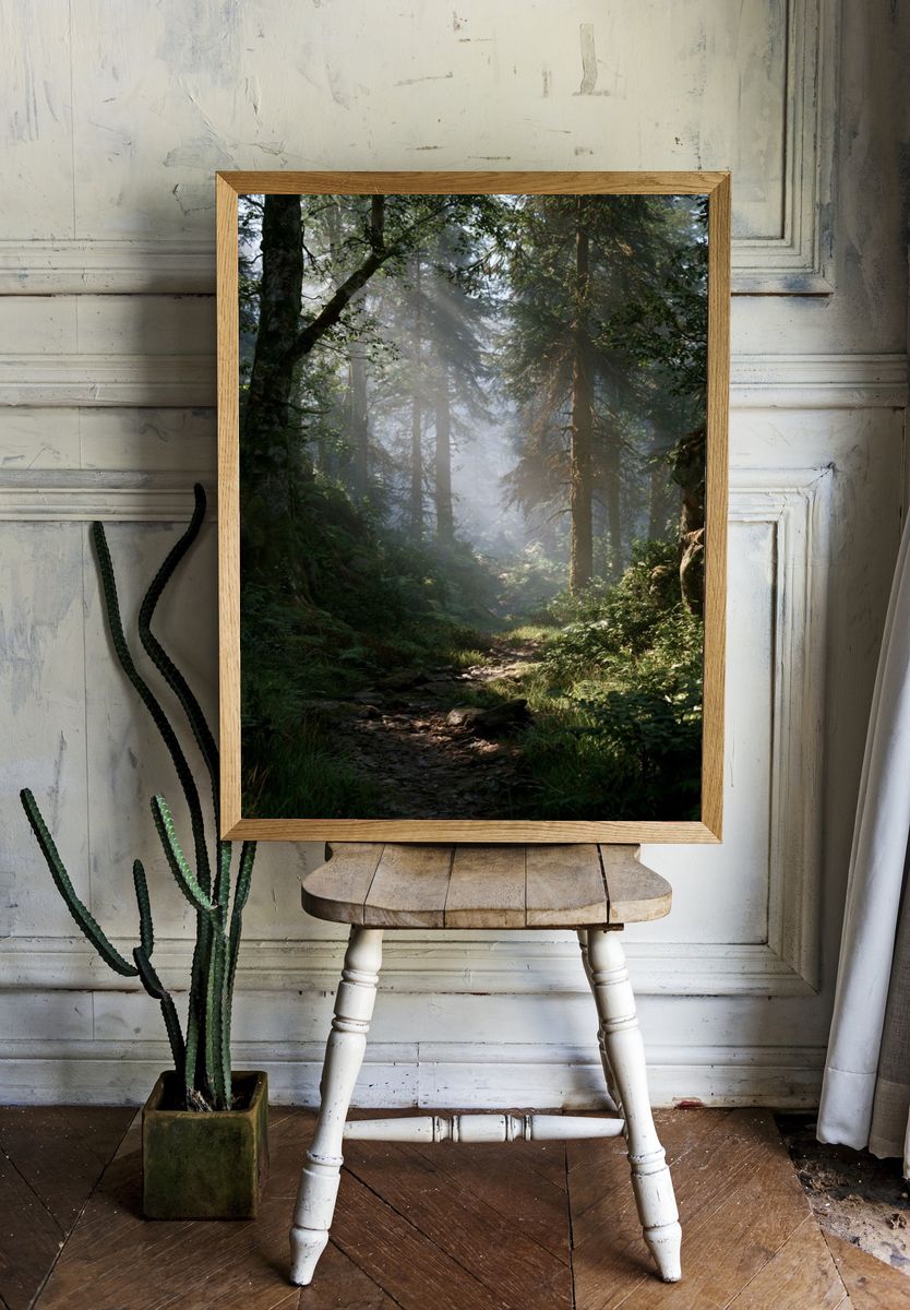Misty Forest Path Poster. room preview
