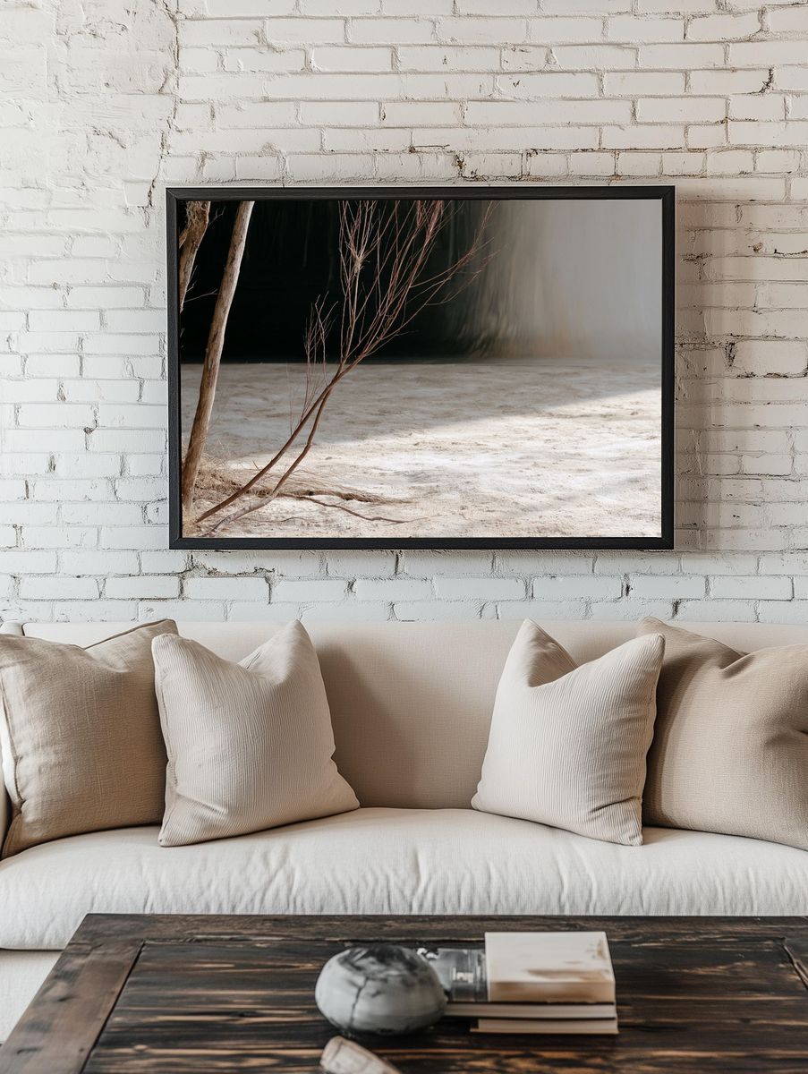 Misty Forest Stream Landscape Print. room preview