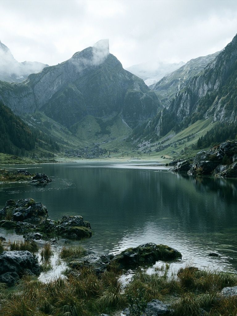 Misty Alpine Lake Photography Poster. poster — nature art