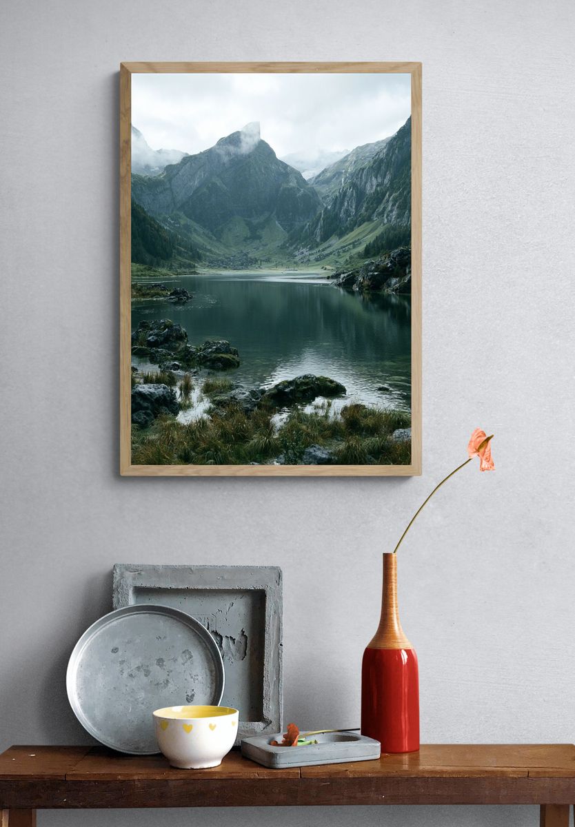 Misty Alpine Lake Photography Poster. — room view 3