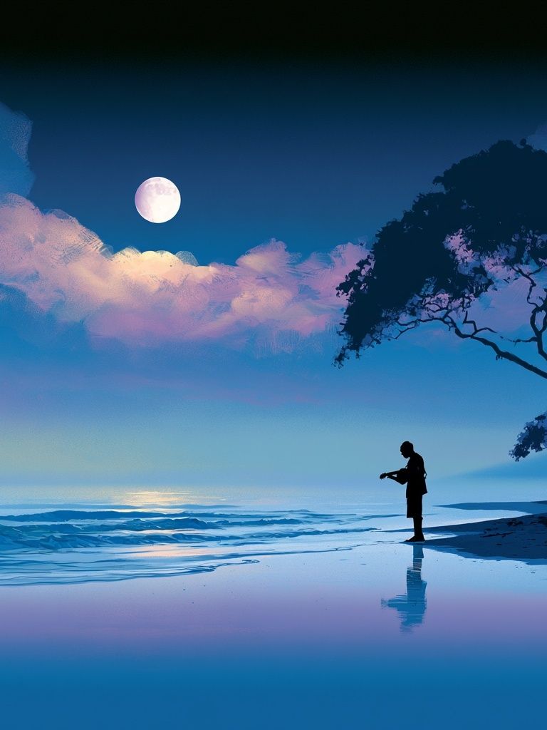 Moonlit Shoreline Silhouette Print. poster detail