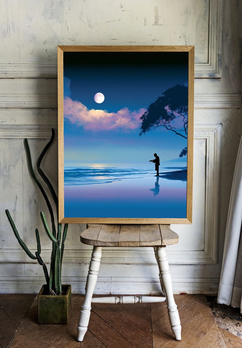 Moonlit Shoreline Silhouette Print. room preview