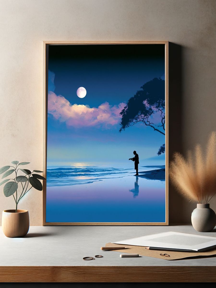 Moonlit Shoreline Silhouette Print. — room view 2