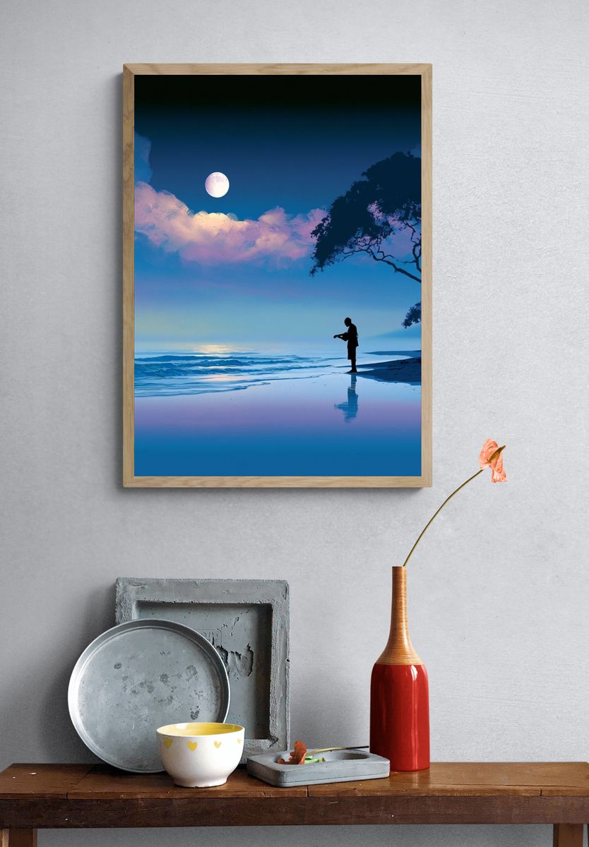 Moonlit Shoreline Silhouette Print. — room view 3