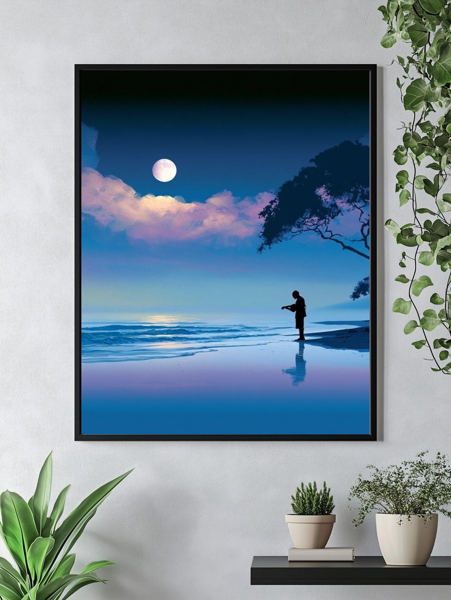 Moonlit Shoreline Silhouette Print. — room view 4