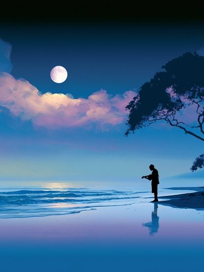 Moonlit Shoreline Silhouette Print.