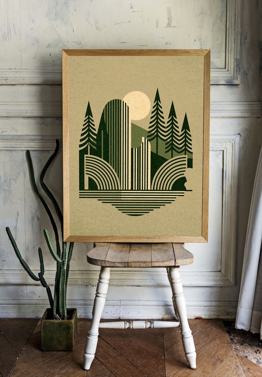 Geometric Forest Sunset Print. room preview