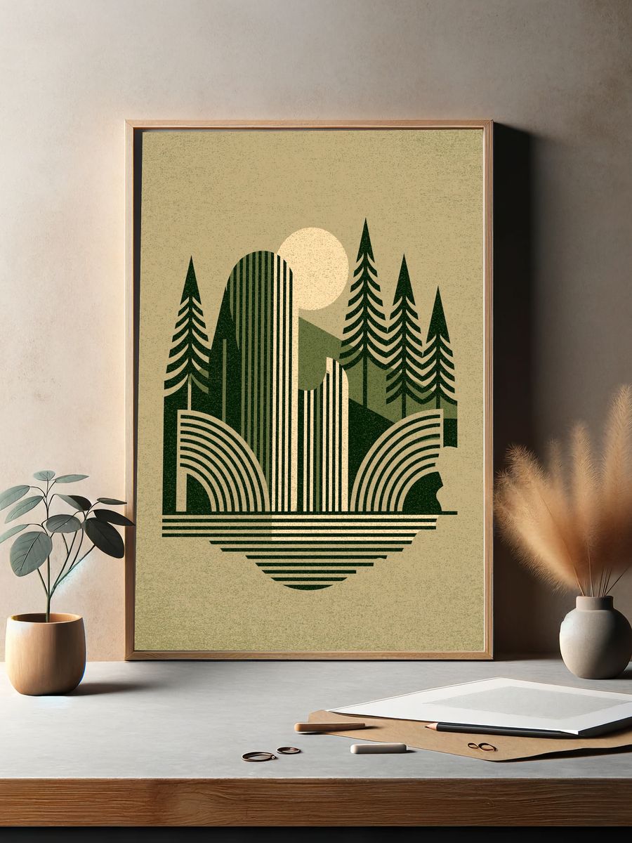 Geometric Forest Sunset Print. — room view 2