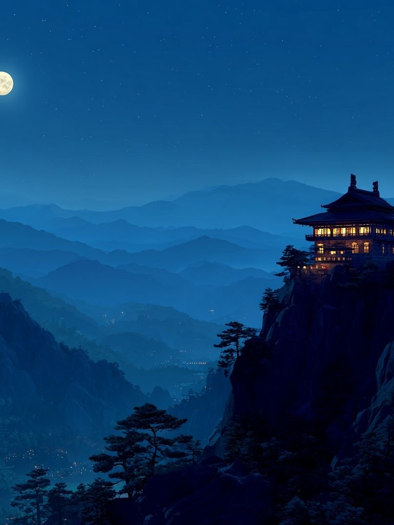 Moonlit Mountain Temple Print. poster detail