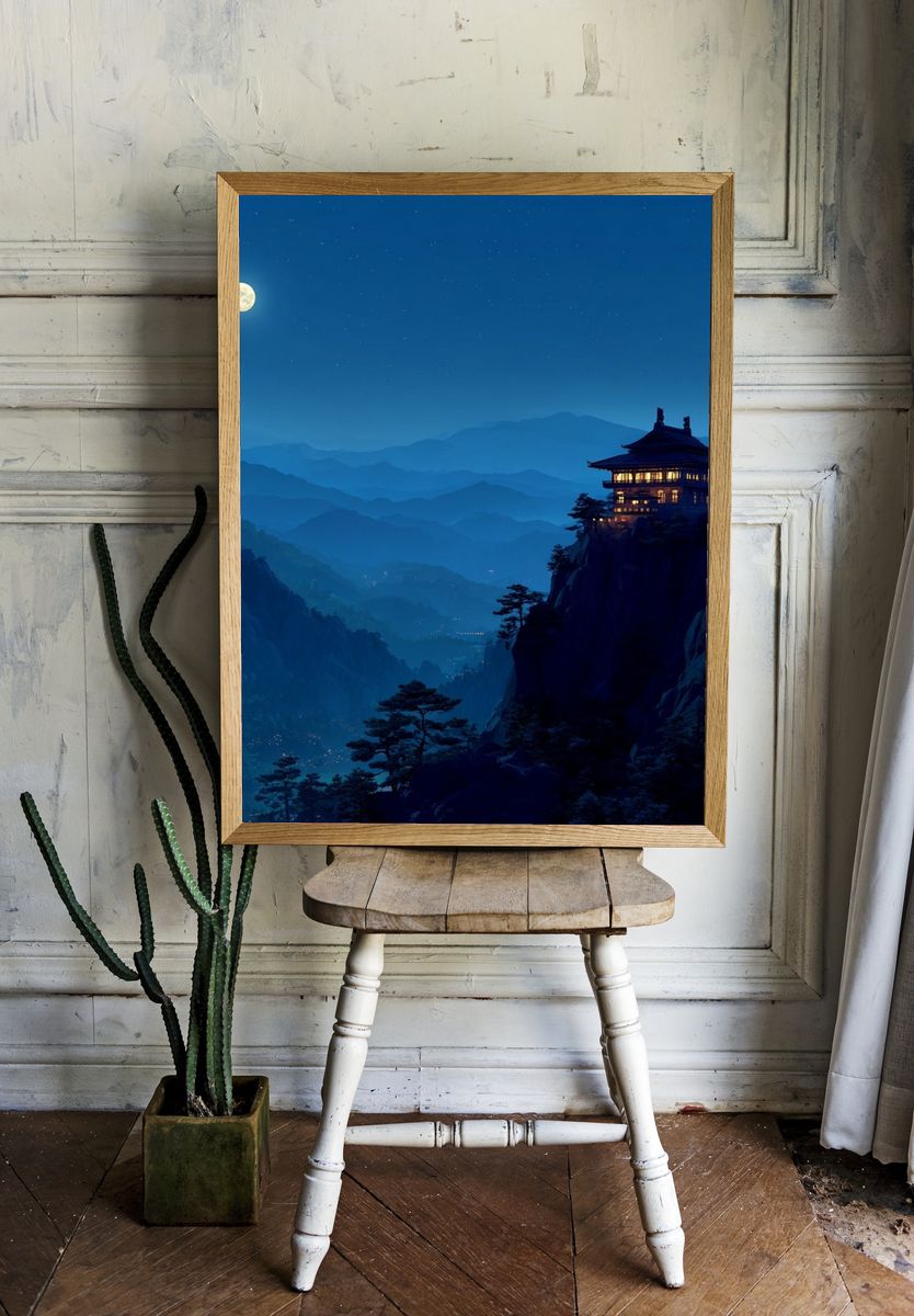 Moonlit Mountain Temple Print. room preview