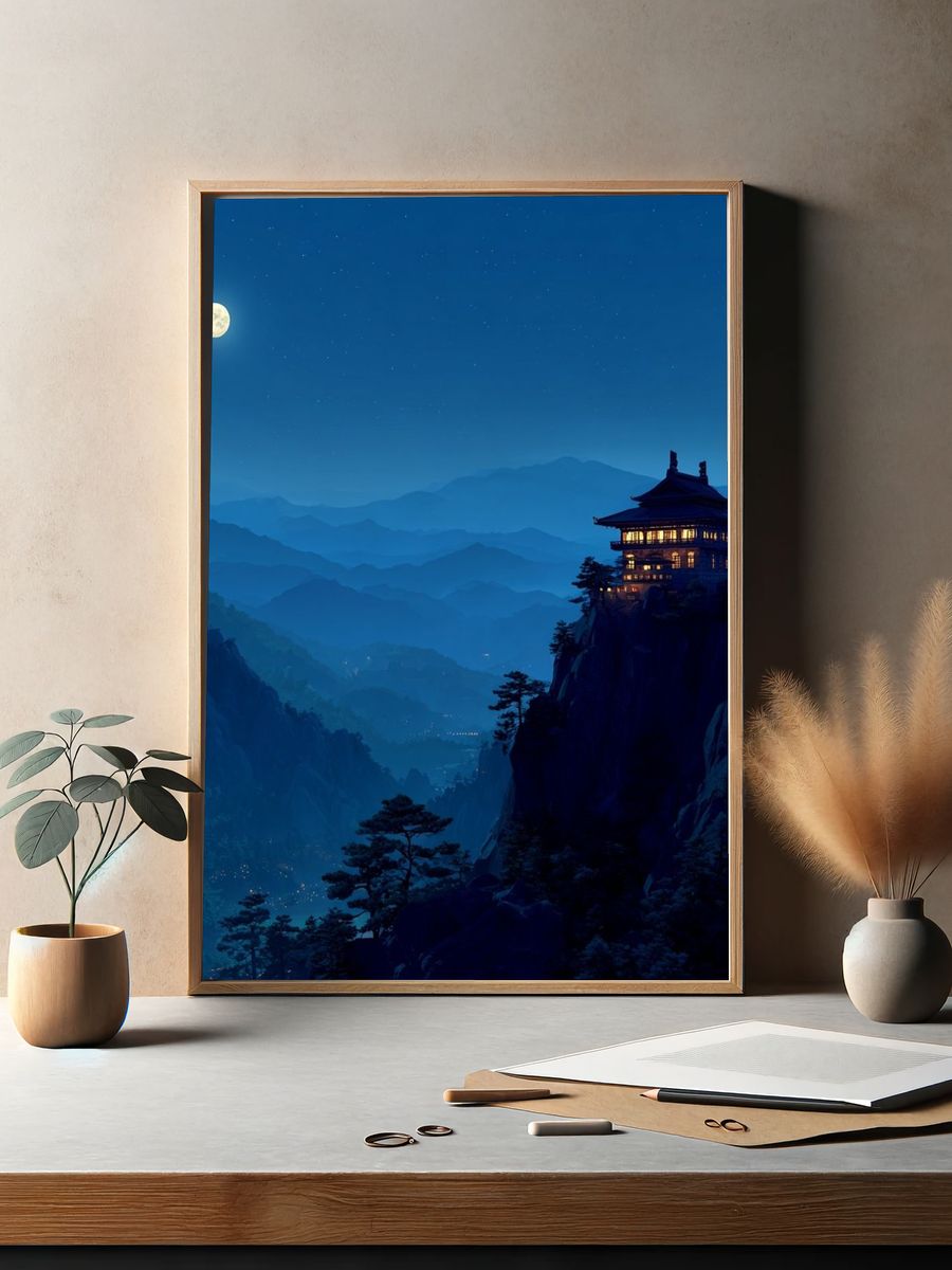 Moonlit Mountain Temple Print. — room view 2