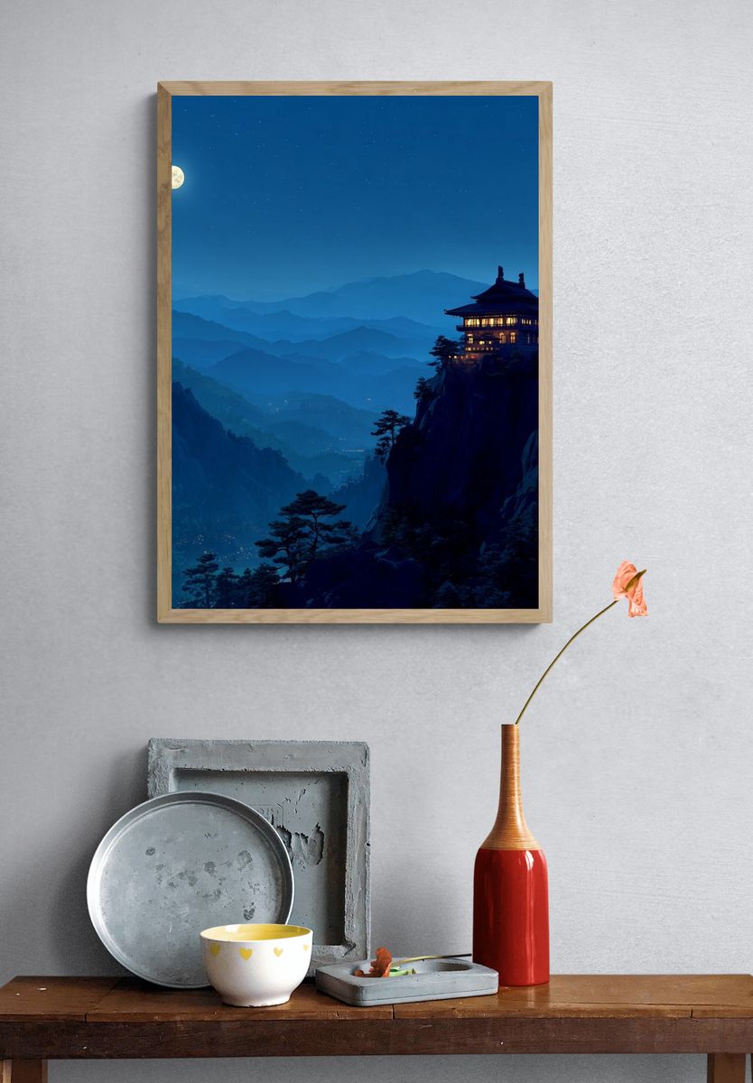 Moonlit Mountain Temple Print. — room view 3
