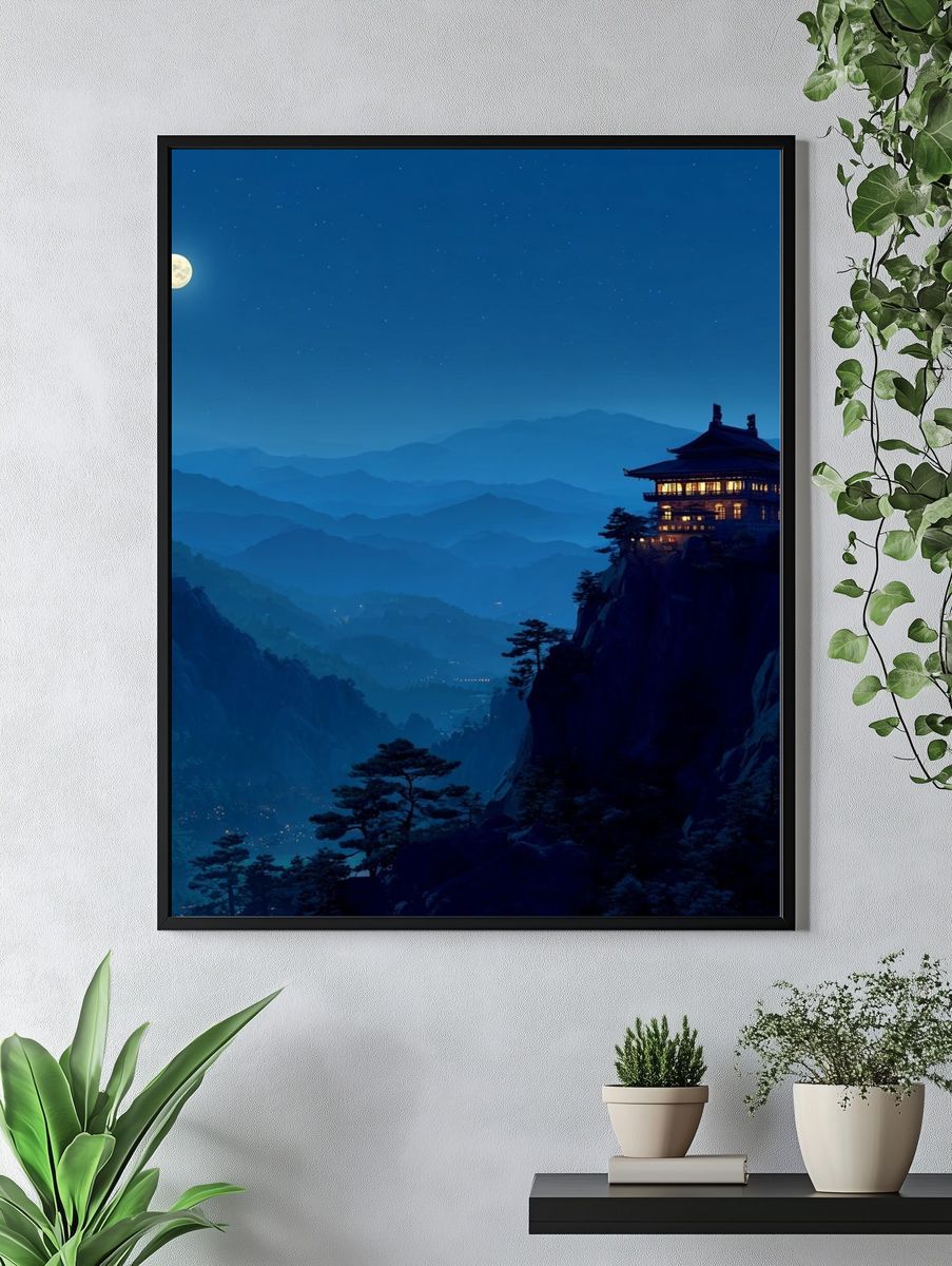 Moonlit Mountain Temple Print. — room view 4