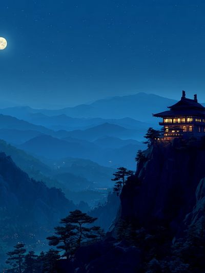 Moonlit Mountain Temple Print. poster