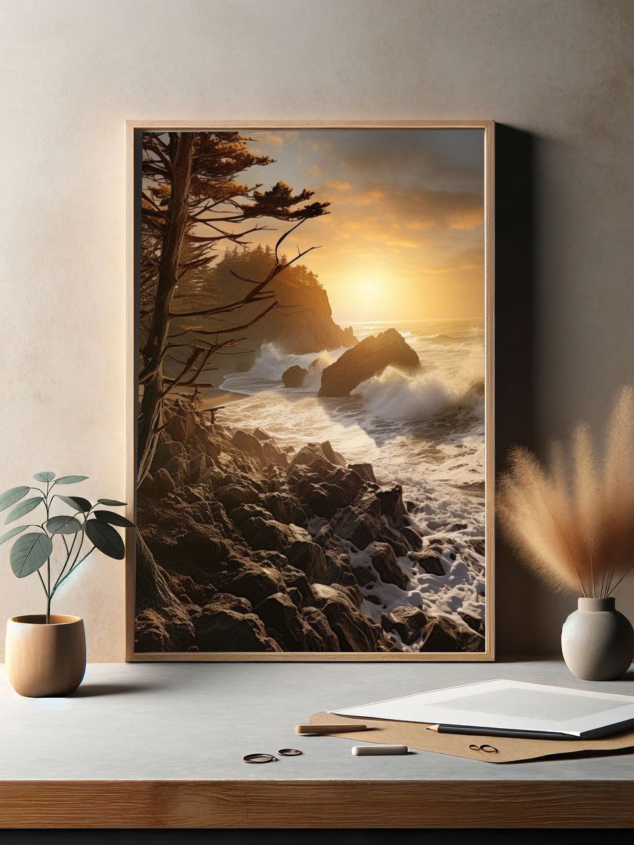 Sunset Coastal Cliffs Photography Poster. — room view 2
