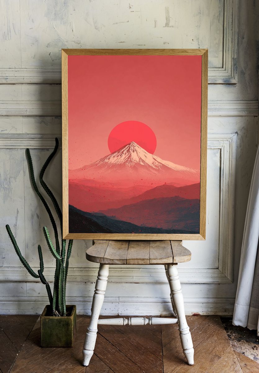Red Sun Over Snowy Mountain Poster. — room view 1