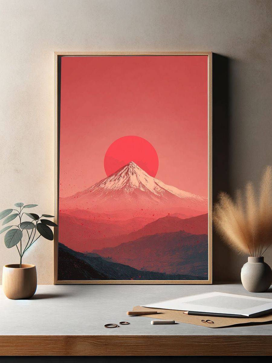 Red Sun Over Snowy Mountain Poster. — room view 2