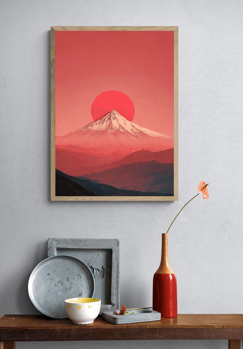 Red Sun Over Snowy Mountain Poster. — room view 3
